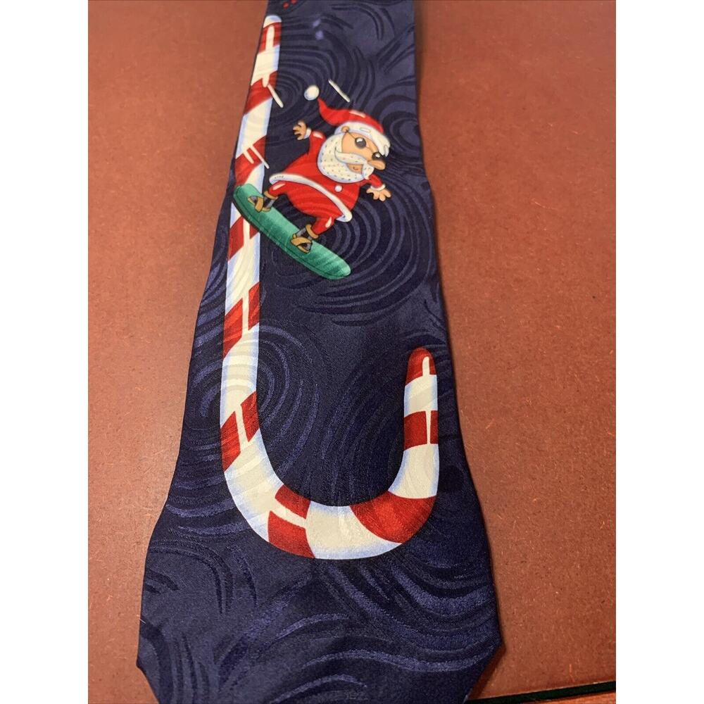 American‎ Greetings Santa Snowboarding Silk Tie Navy Christmas Novelty Necktie - Picture 2 of 10